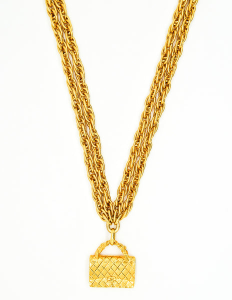 Chanel Vintage Gold Quilted Handbag Necklace