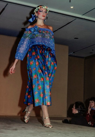 Yves Saint Laurent Vintage SS 1977 Black Velvet Corset Top and Blue Floral Silk Skirt Set